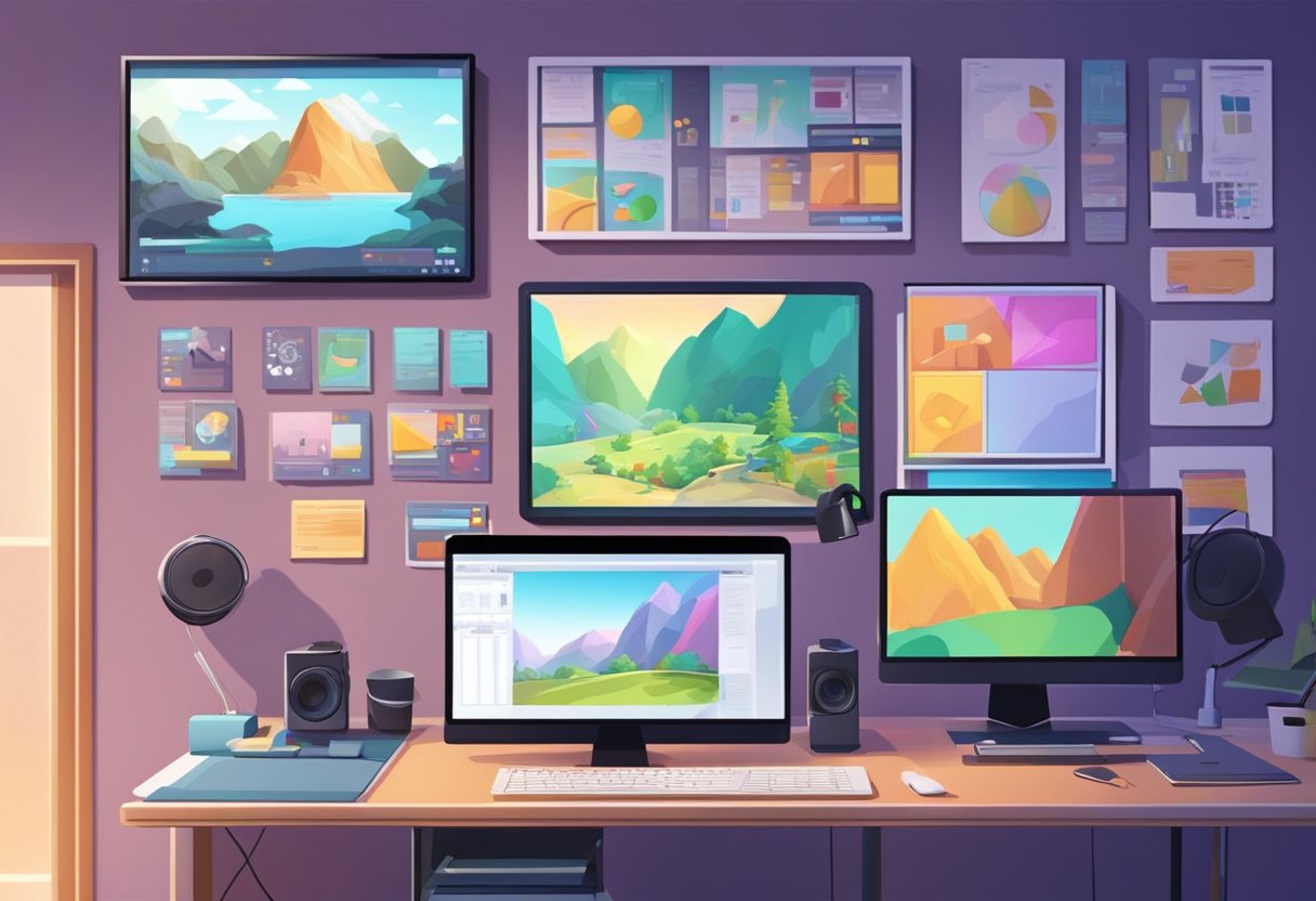 A colorful animation studio with computers, storyboards, and educational materials on the walls