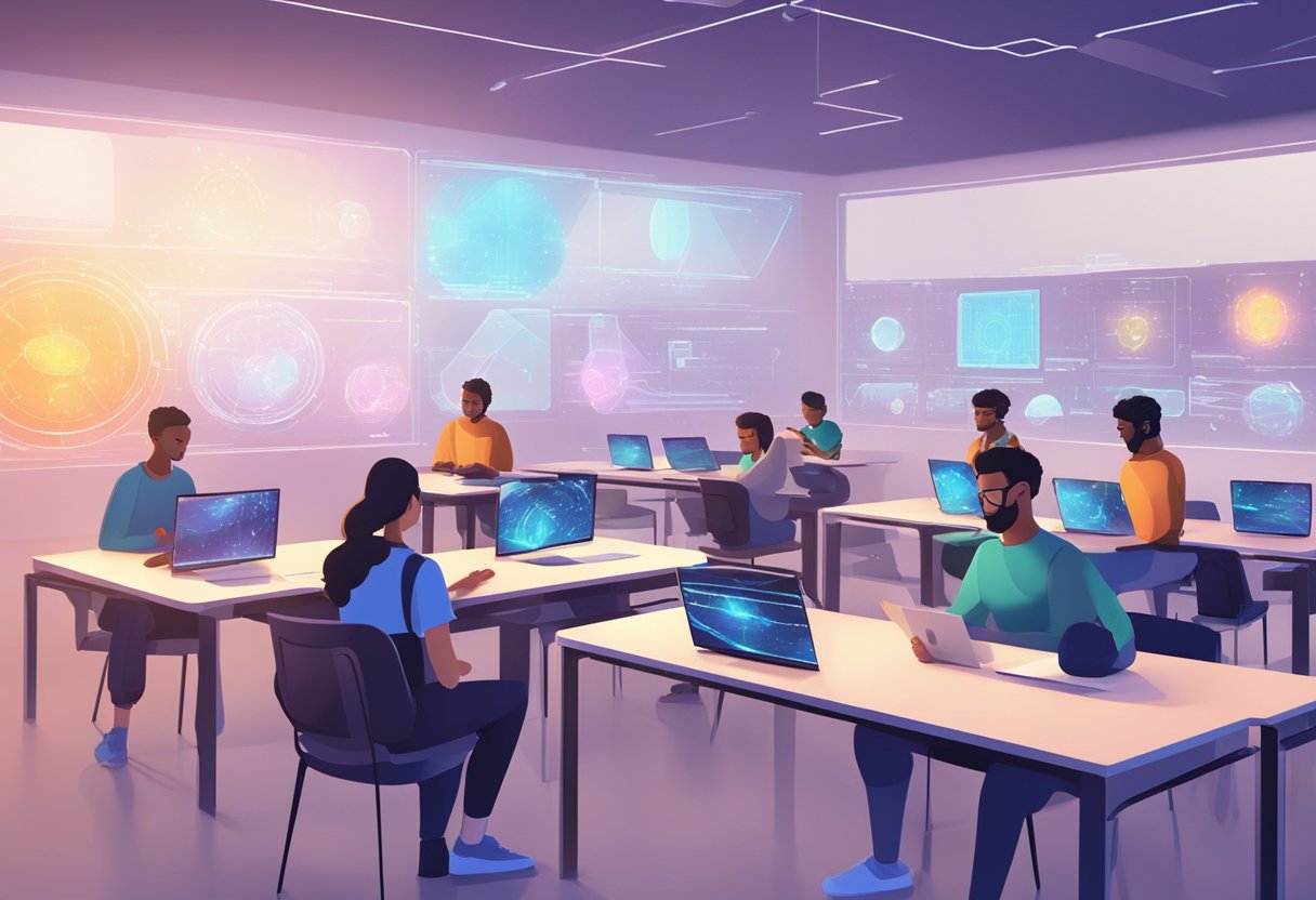 A futuristic classroom with holographic screens and interactive 3D models, students engaged in hands-on animation projects