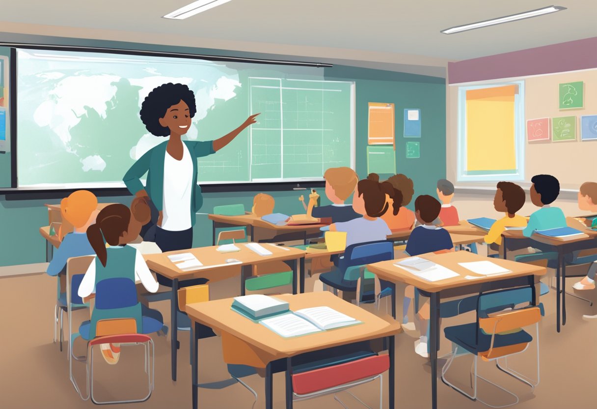 A classroom setting with animated educational materials projected on a screen, while a teacher engages with students