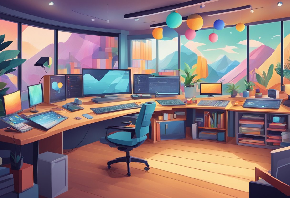 A colorful and dynamic animation studio with various techniques and styles on display, representing educational content and branding