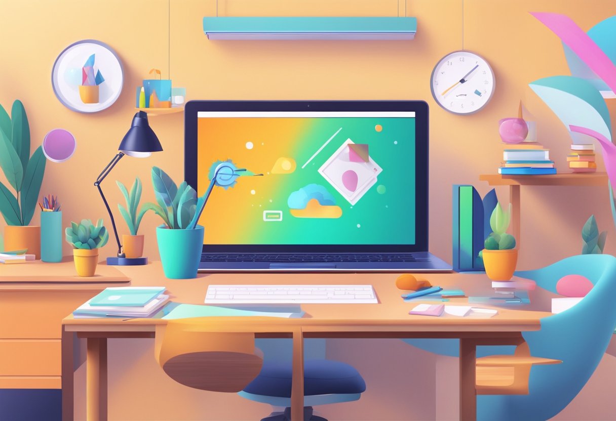 A colorful animated scene with educational elements and branding imagery for online courses