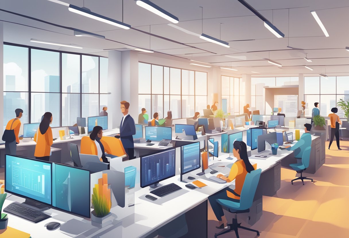 A bustling office setting with various animated content displayed on digital screens, engaging employees and boosting productivity