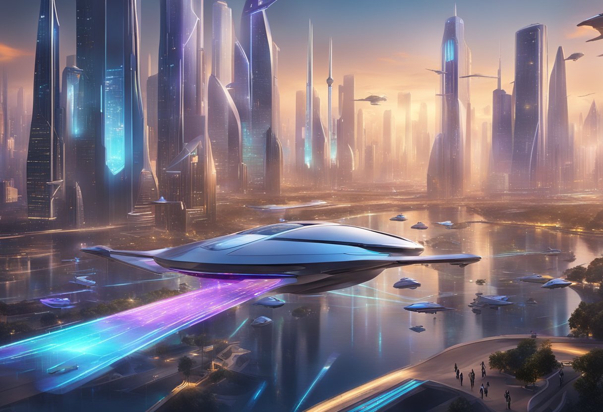 A futuristic cityscape with holographic projections and flying vehicles, showcasing animated content on large screens and interactive displays