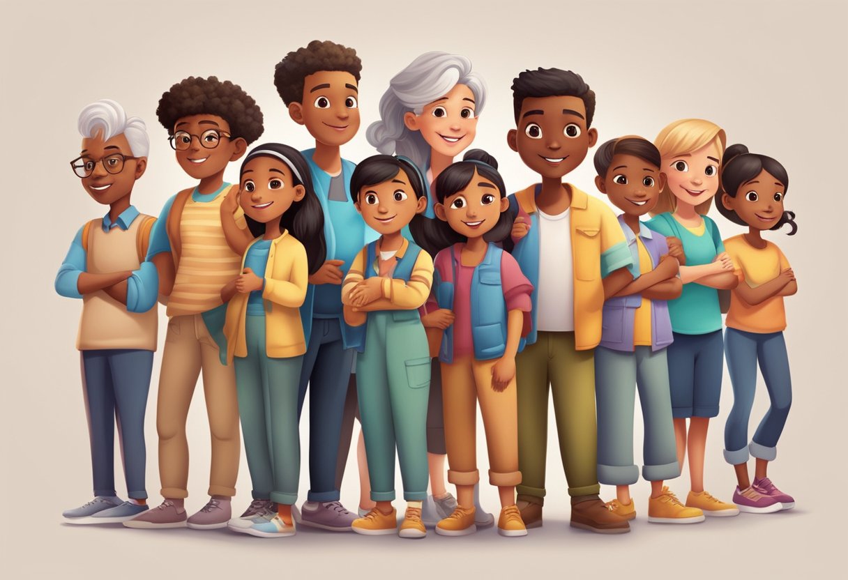 A diverse group of animated characters engage in various educational activities, representing different ages, genders, and cultural backgrounds