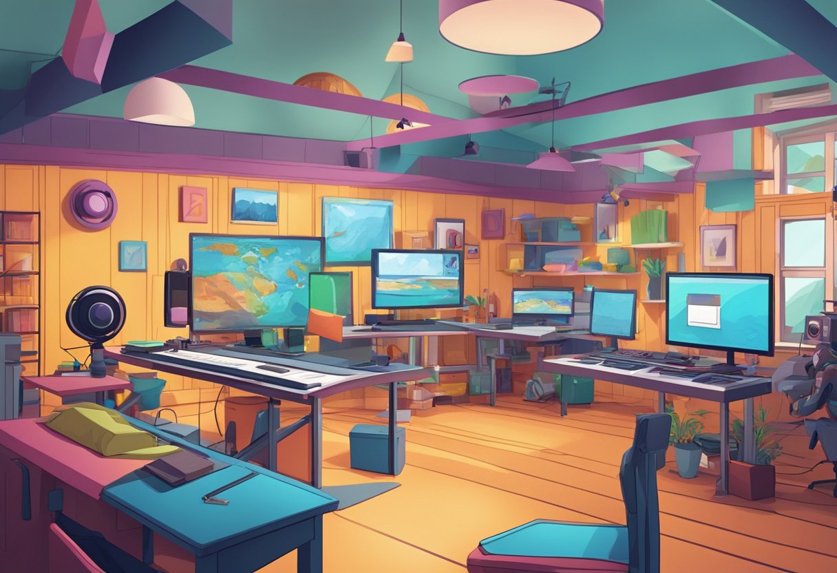 A colorful, dynamic animation studio with cutting-edge technology and tools, showcasing the process of creating educational animations