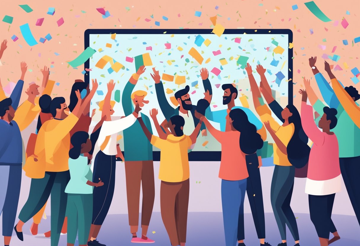 A diverse group of animated characters celebrate with confetti and high-fives in front of a large screen displaying positive feedback and success stories