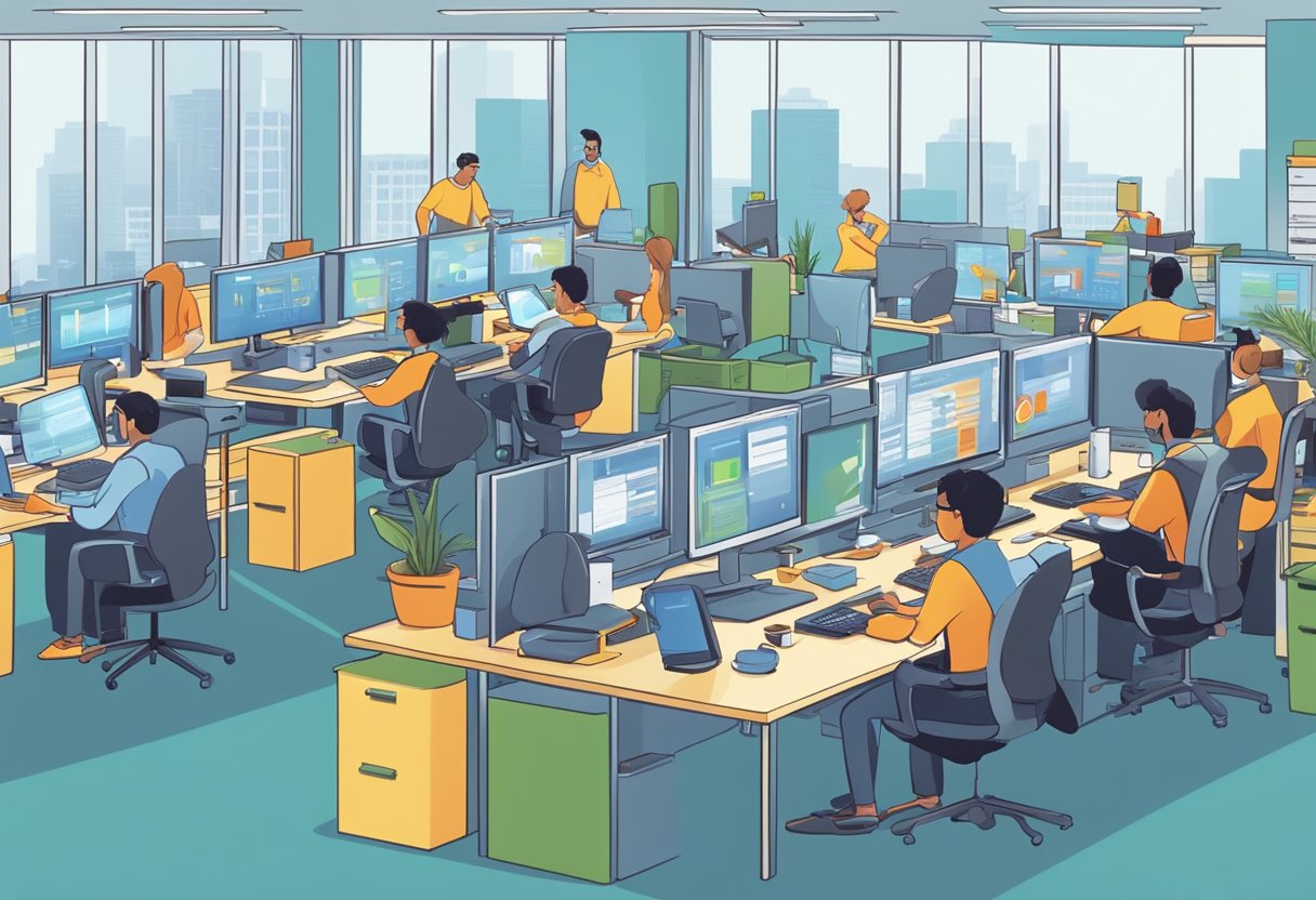 A bustling office with animated characters working on computers, graphs showing increased productivity, and money flowing into the company's bank account