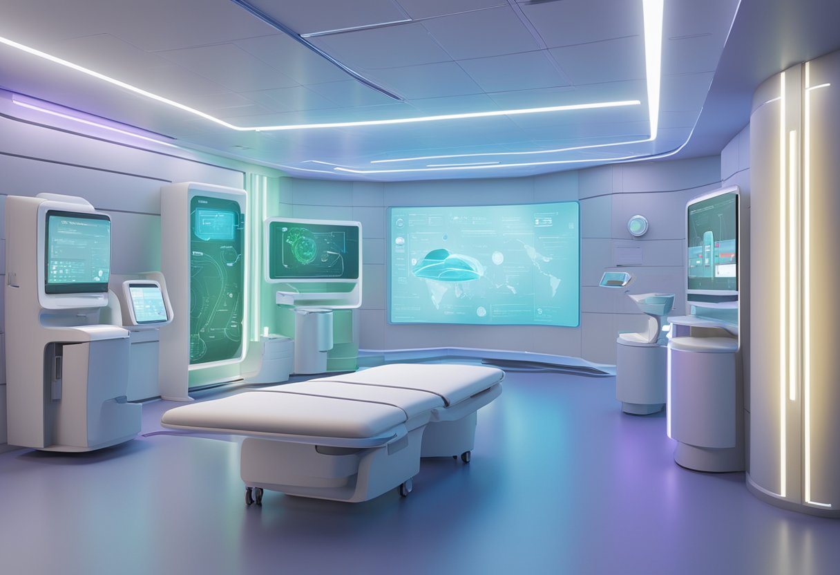A futuristic clinical setting with digital animations projected onto interactive screens, showcasing their effectiveness in the UK