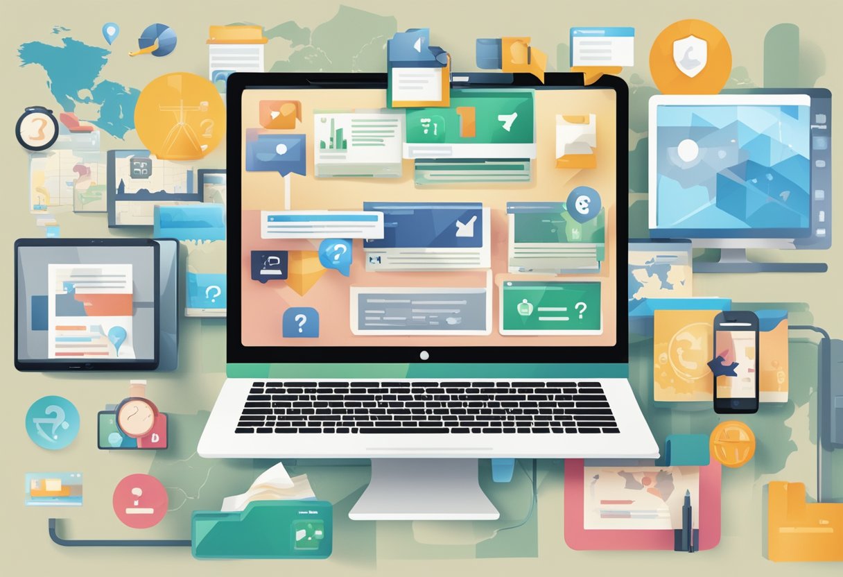 A computer screen displaying a series of animated icons with a "Frequently Asked Questions" heading, surrounded by digital devices and a map of the UK