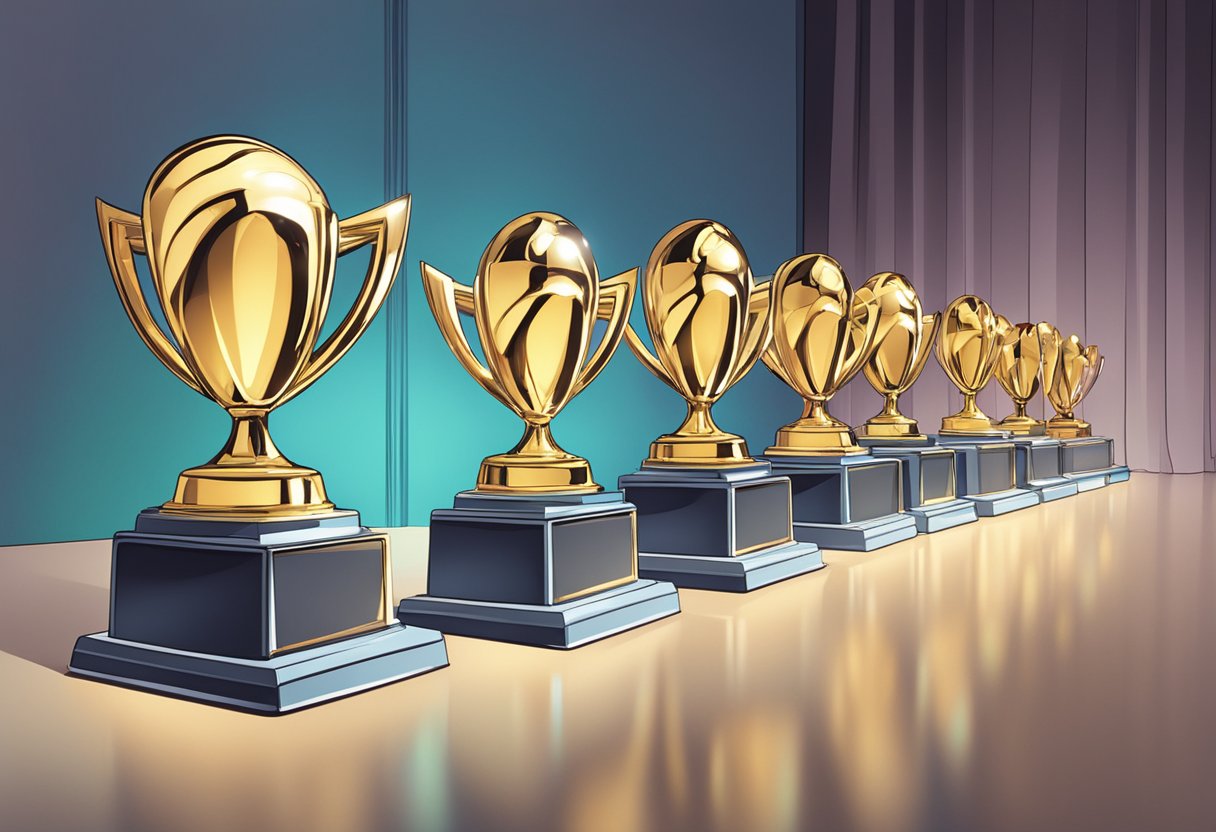 A row of animated film awards displayed in a studio, with spotlights highlighting each trophy