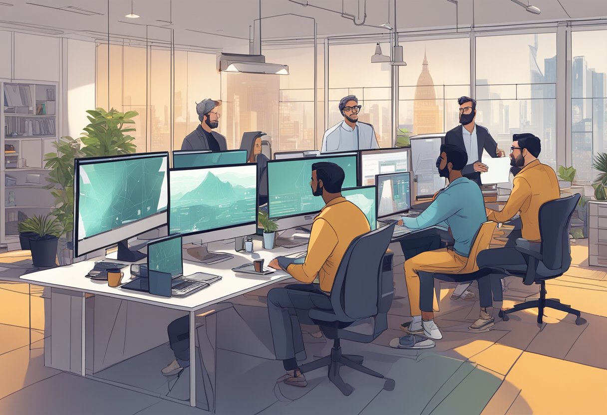 A group of experts in a London office discussing custom animation techniques, surrounded by computer screens and creative tools