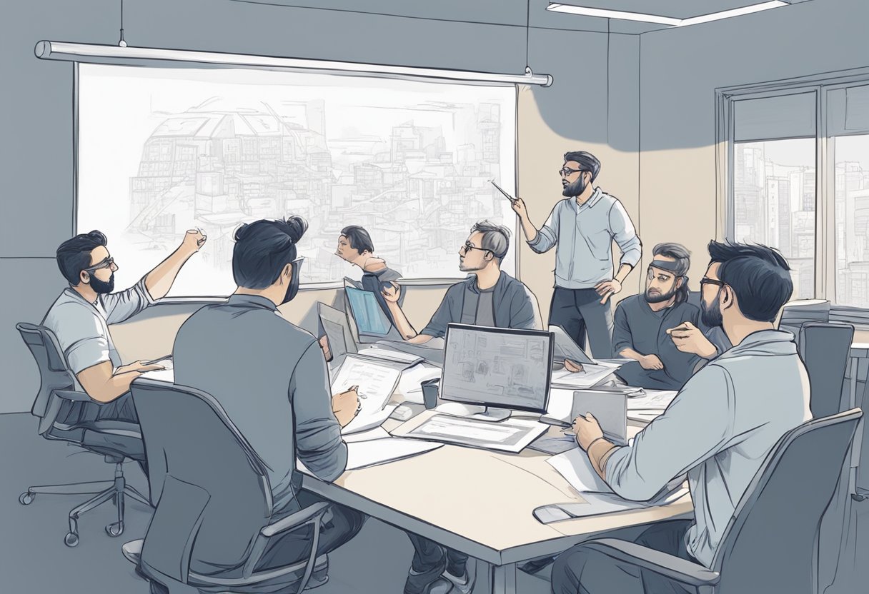 A team of animators in a London studio, brainstorming and sketching out ideas on a whiteboard