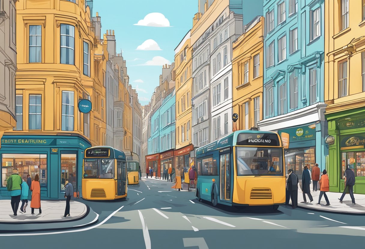 A bustling London street with vibrant storefronts and animated business logos