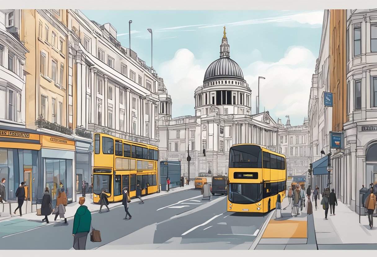 A bustling London street with iconic landmarks and modern buildings, showcasing the expertise of Design Solutions in Animation