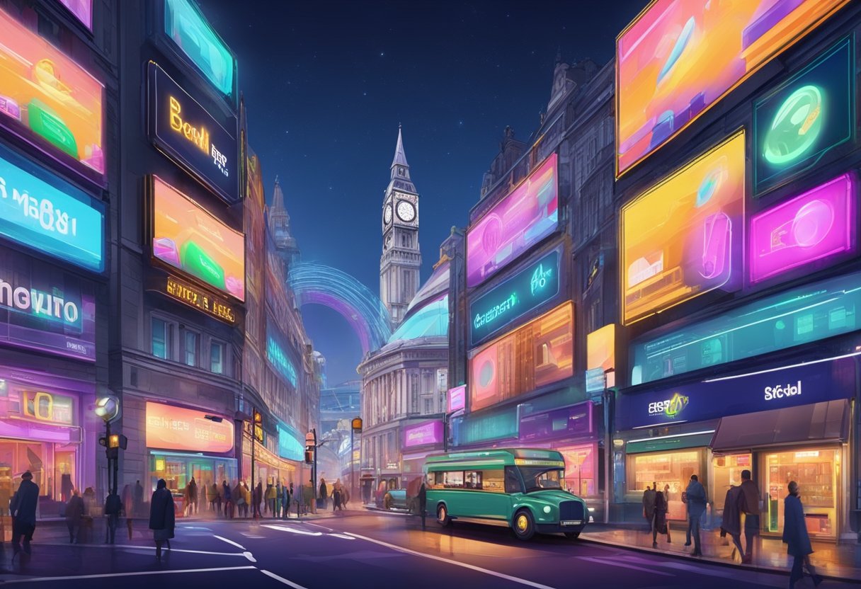 A bustling London street with vibrant billboards and neon lights, showcasing the city's expertise in multimedia and entertainment custom animation