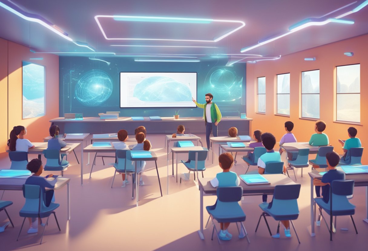 A futuristic classroom with holographic displays and interactive tools for learning animation techniques