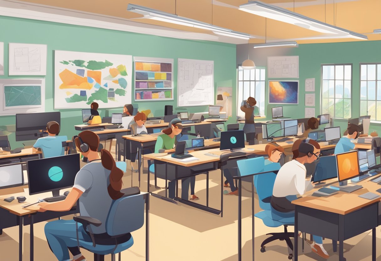 An animation studio classroom with students at work, surrounded by computers and drawing tablets