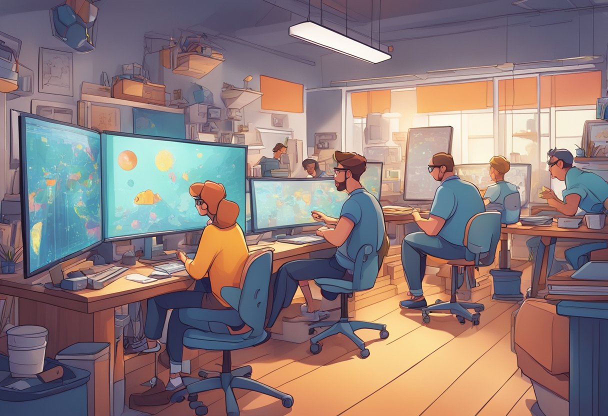 A bustling animation studio with artists creating vibrant educational content