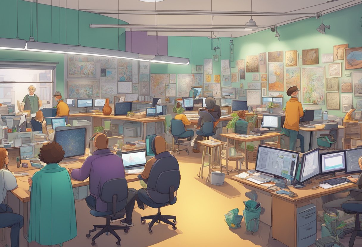 A bustling UK animation studio with artists creating vibrant characters and scenes, surrounded by storyboards and colorful concept art