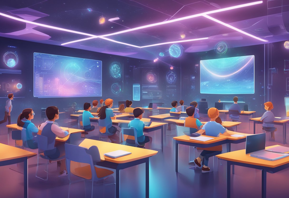 A futuristic classroom with holographic projections and interactive displays, surrounded by advanced technology and animated characters