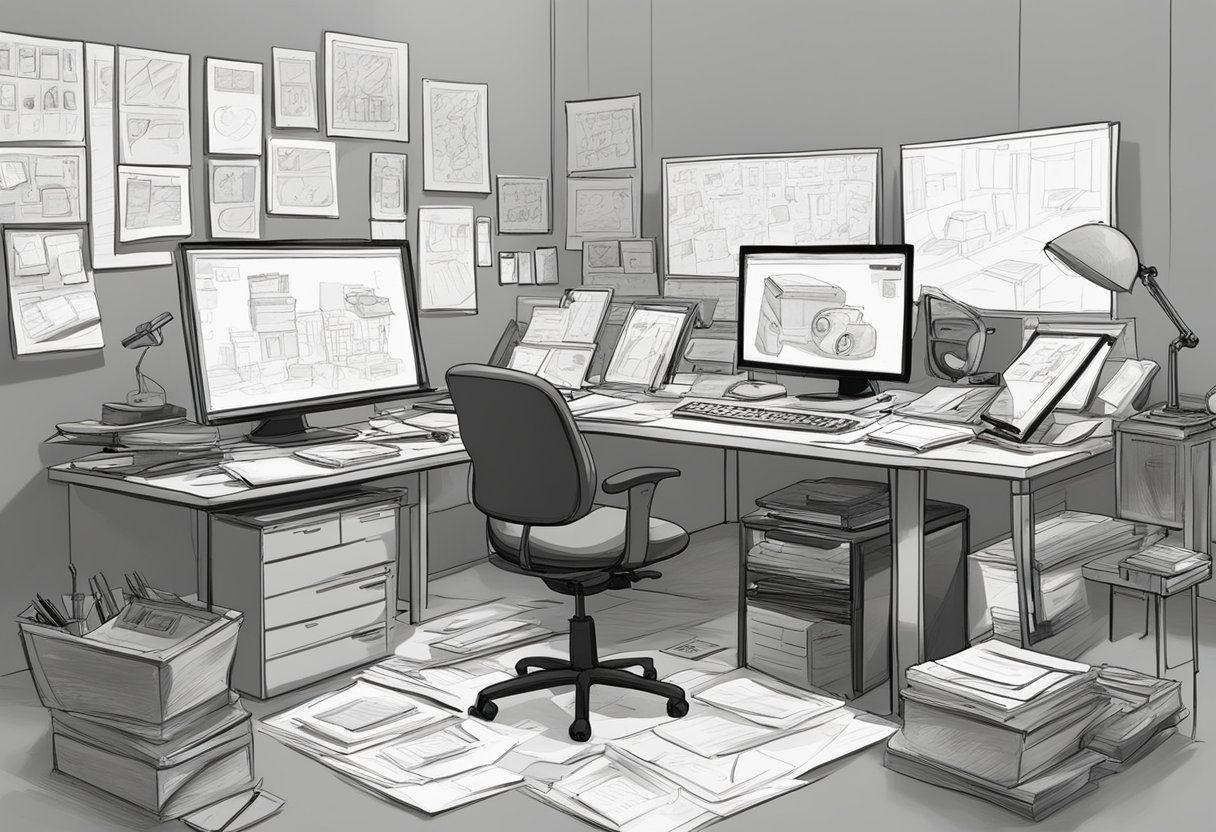 A cluttered animation studio with scattered sketches, storyboards, and computer monitors. A whiteboard covered in notes and a desk cluttered with art supplies
