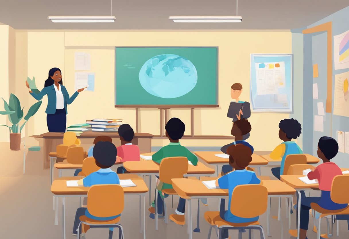 An animated character presents a lesson to a group of diverse students in a classroom setting. Visual aids and interactive elements enhance the learning experience