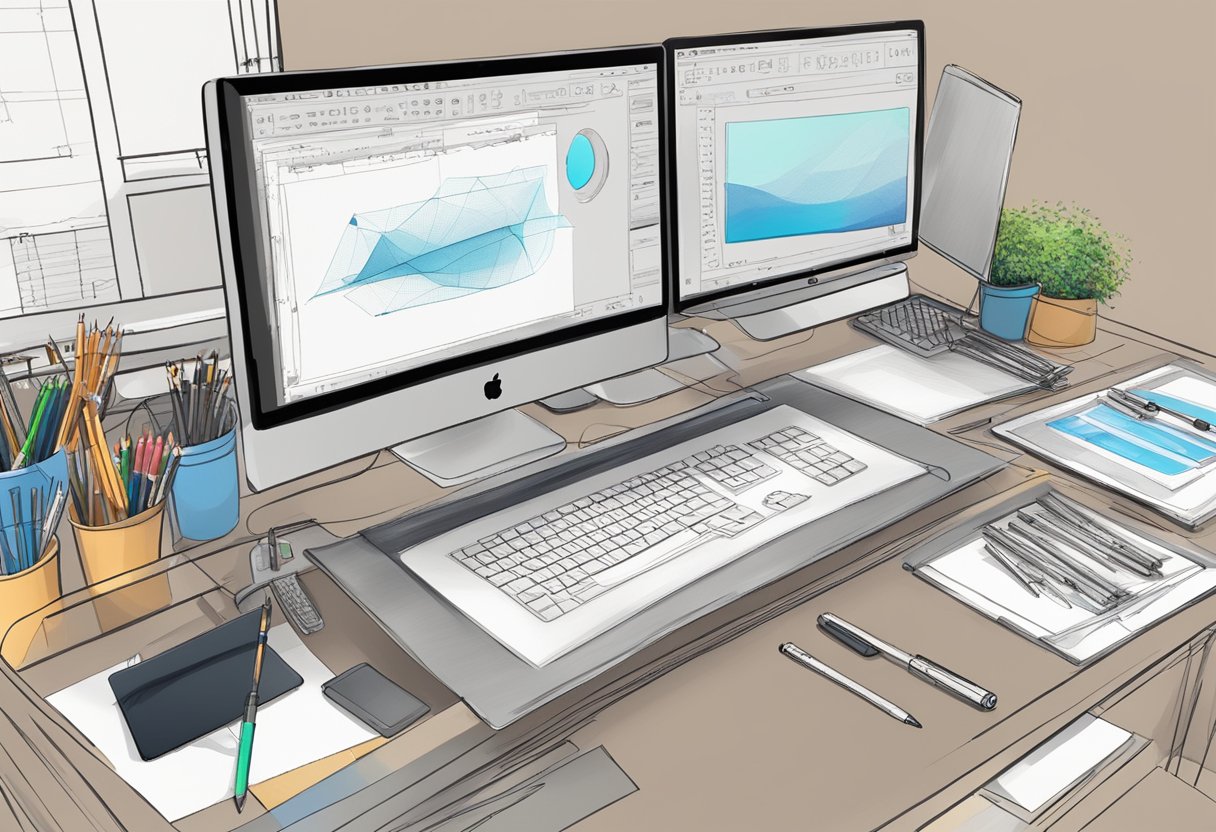 A computer monitor displaying animation software surrounded by drawing tablets and styluses