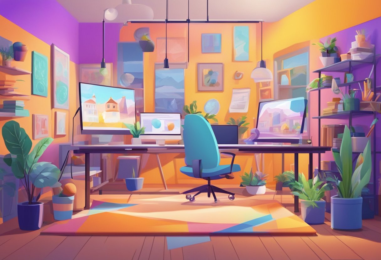 A colorful and dynamic animation studio with various artists creating digital illustrations and animating characters for educational content