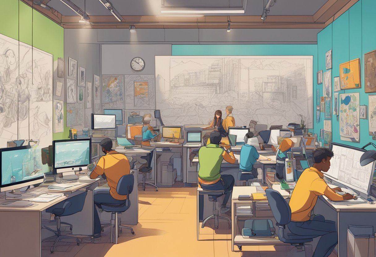 A bustling animation studio with artists at work, surrounded by sketches, storyboards, and computer screens. Brightly colored characters adorn the walls, creating an inspiring and creative atmosphere