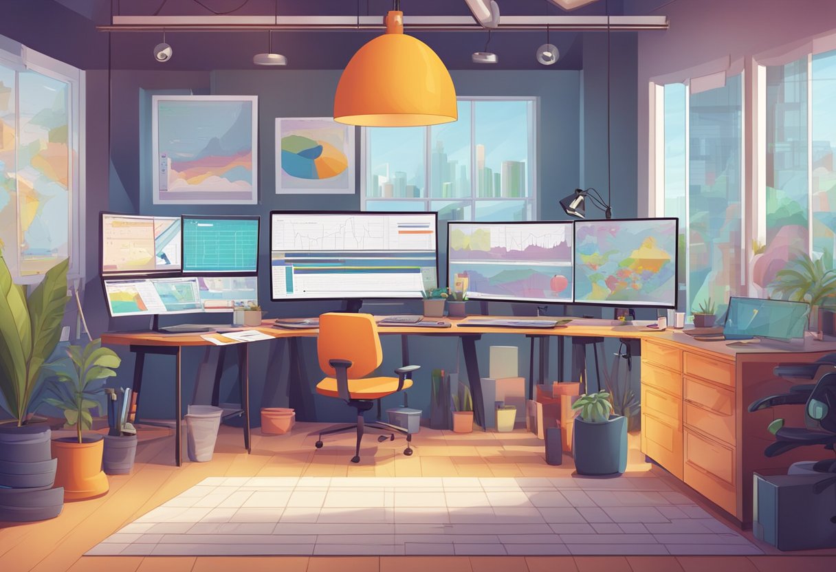 A vibrant animation studio with a FAQ board surrounded by industry trend charts and graphs