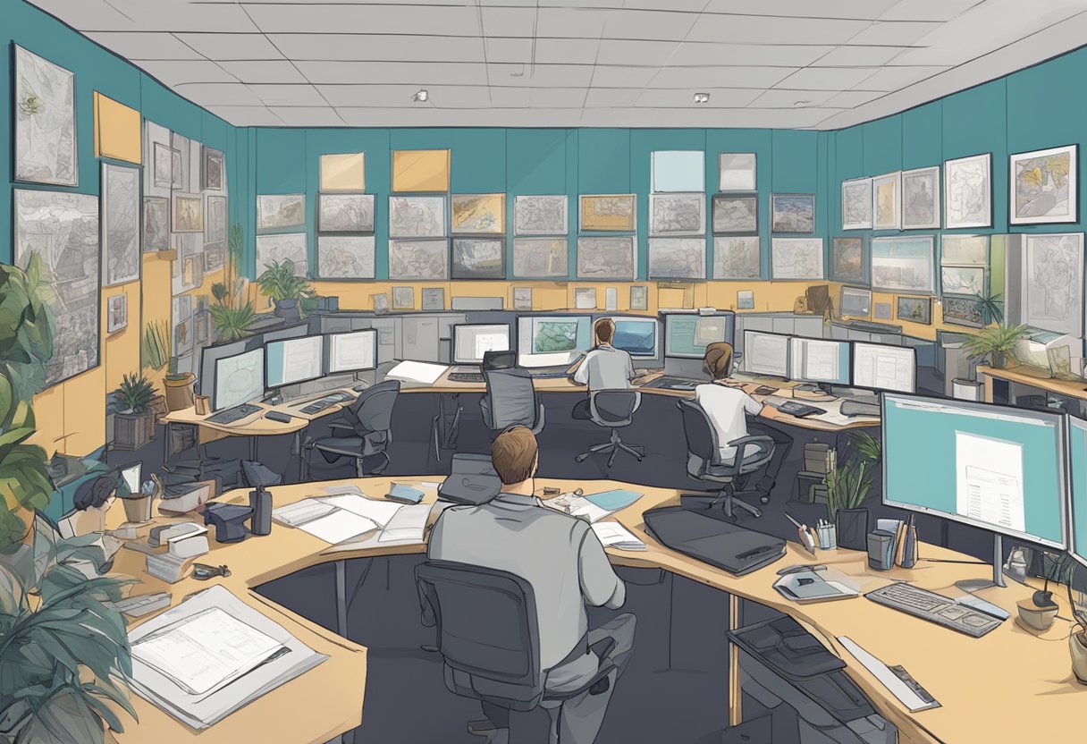 A busy animation studio in the UK, with artists working on storyboards and production managers reviewing budgets