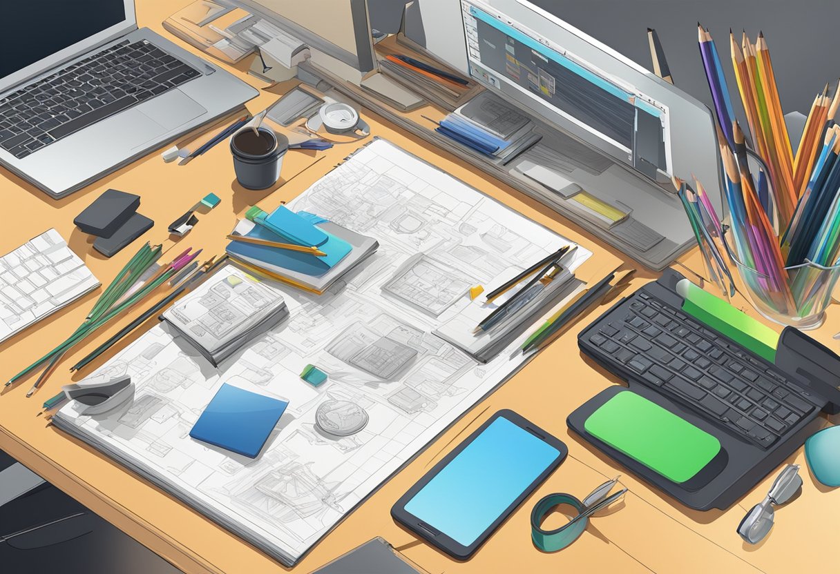 A cluttered desk with animation tools and equipment, including drawing tablet, pencils, erasers, and reference books