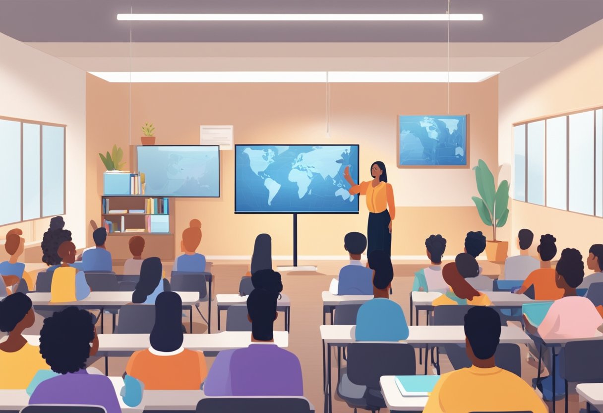 A classroom setting with students watching a large screen displaying an educational animation. The students are engaged and interacting with the technology, while a teacher looks on with approval