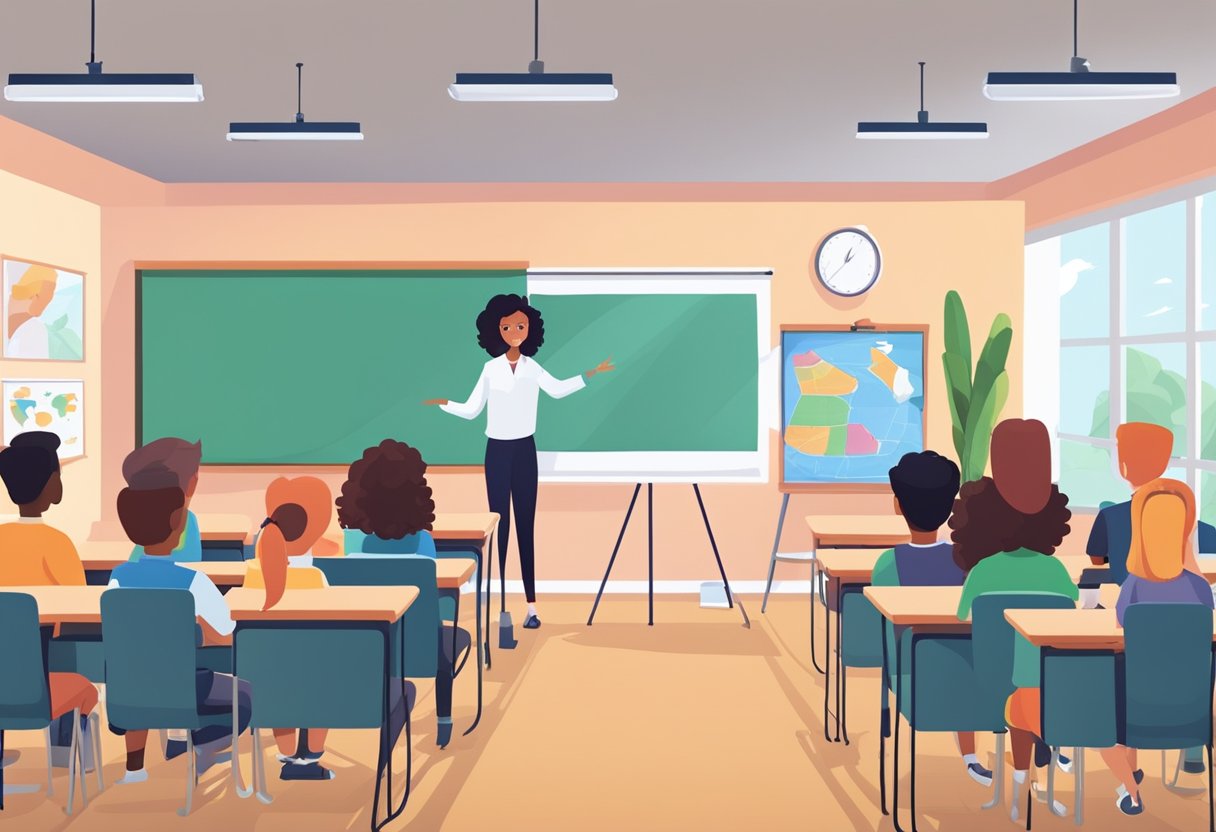 A classroom setting with a projector screen showing an animated educational video, while students and a teacher watch and engage with the content