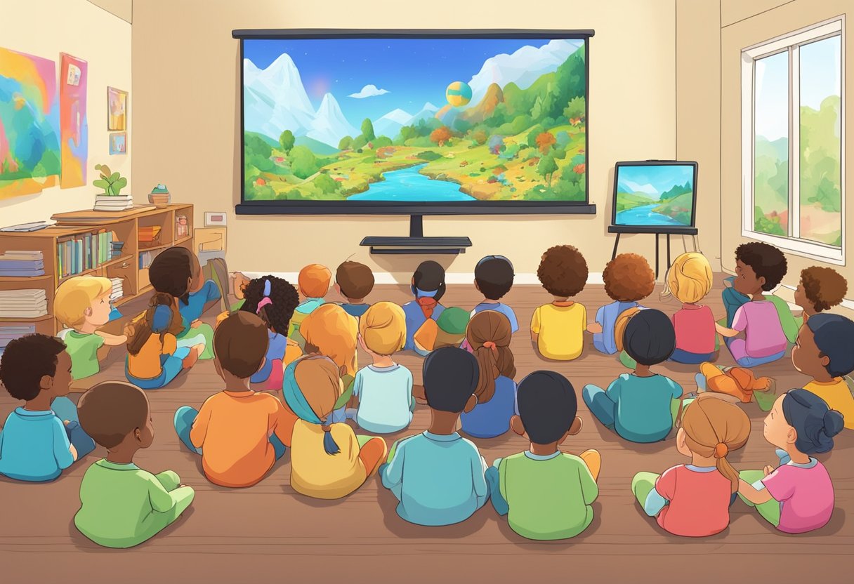 A group of children gather around a large screen, watching colorful and engaging educational animations. Smiles and laughter fill the room as they learn through entertainment