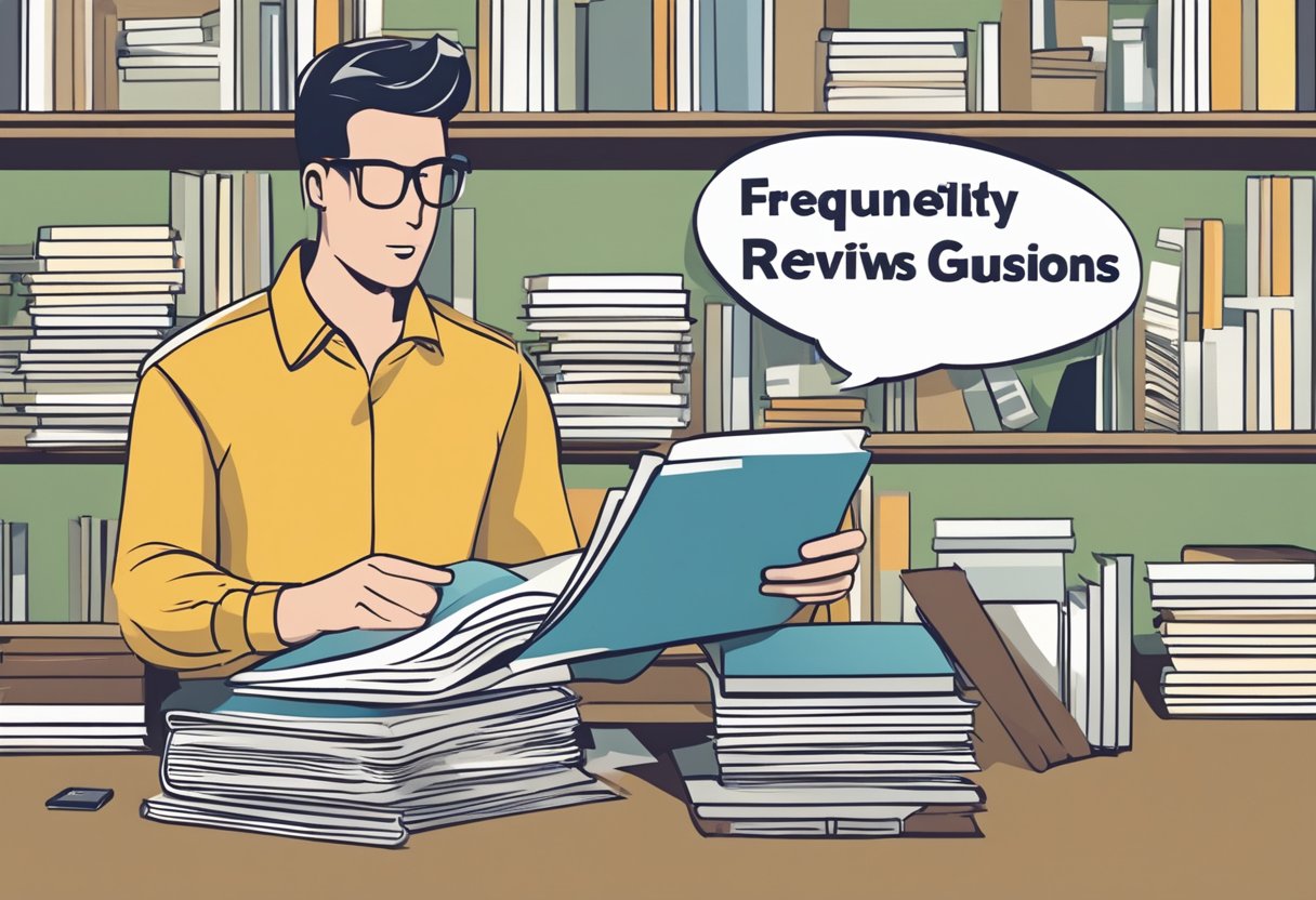 An animated character reading through a stack of customer reviews with a speech bubble containing "Frequently Asked Questions" above their head