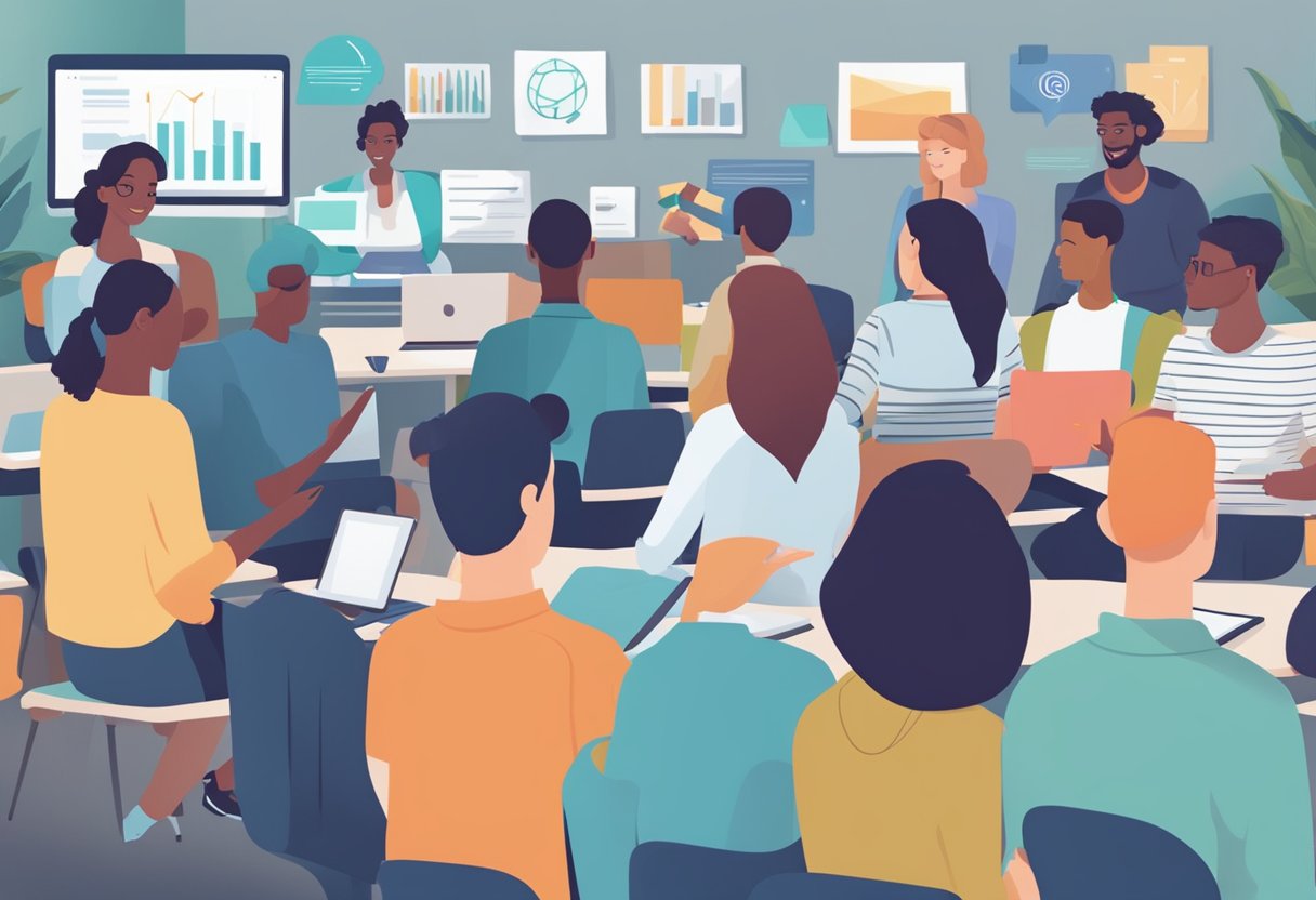 A diverse group of students engaging in interactive online learning, with animated visuals and educational tools enhancing their training and higher education experience in the UK