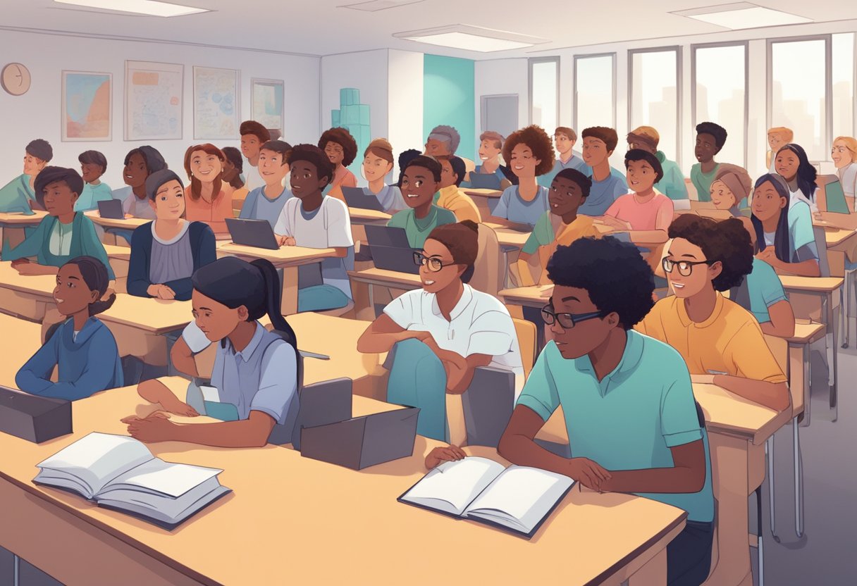 A group of diverse students engage with a dynamic educational animation, showing expressions of curiosity and understanding