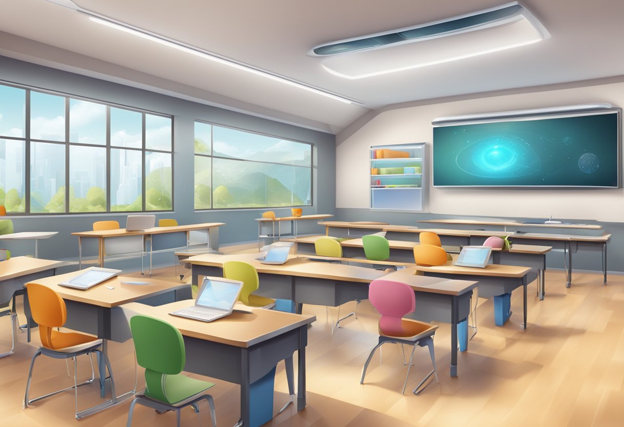 A classroom setting with futuristic educational tools and interactive technology