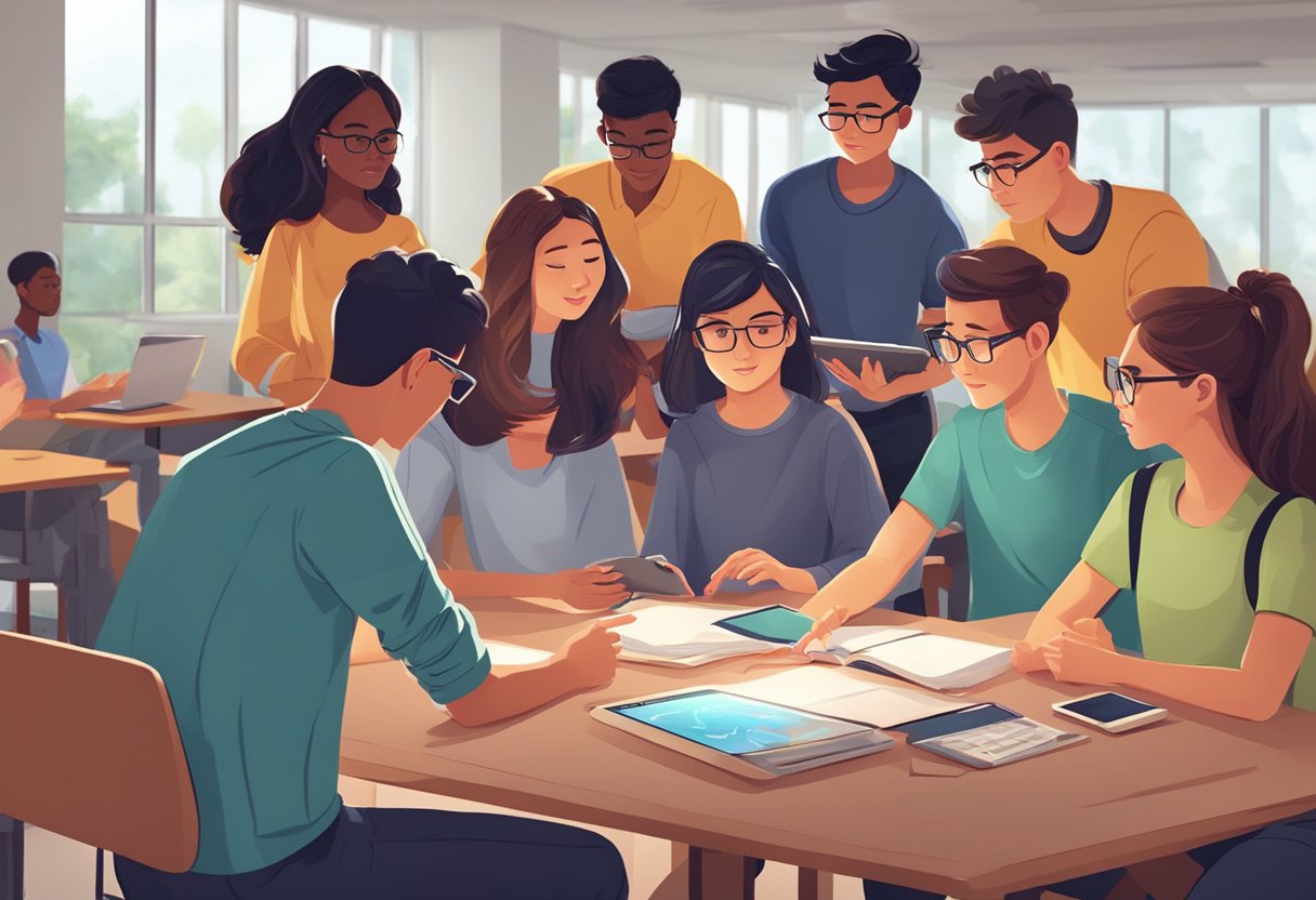 A group of students engage with a dynamic educational animation on their devices, absorbed in the interactive learning experience