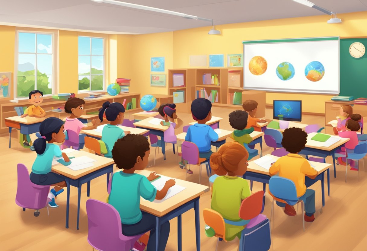 A classroom setting with animated characters engaging in educational activities