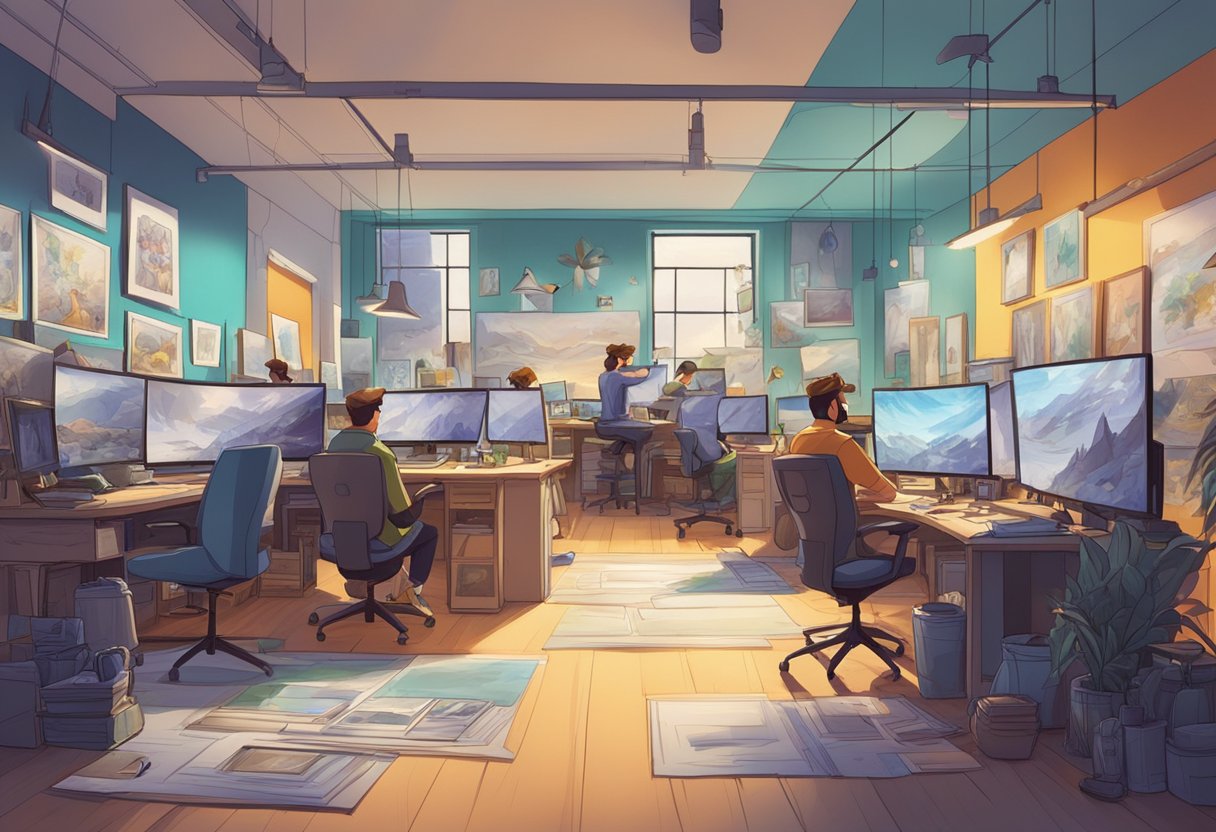A bustling animation studio filled with artists and technicians working on various projects, surrounded by colorful concept art and storyboards