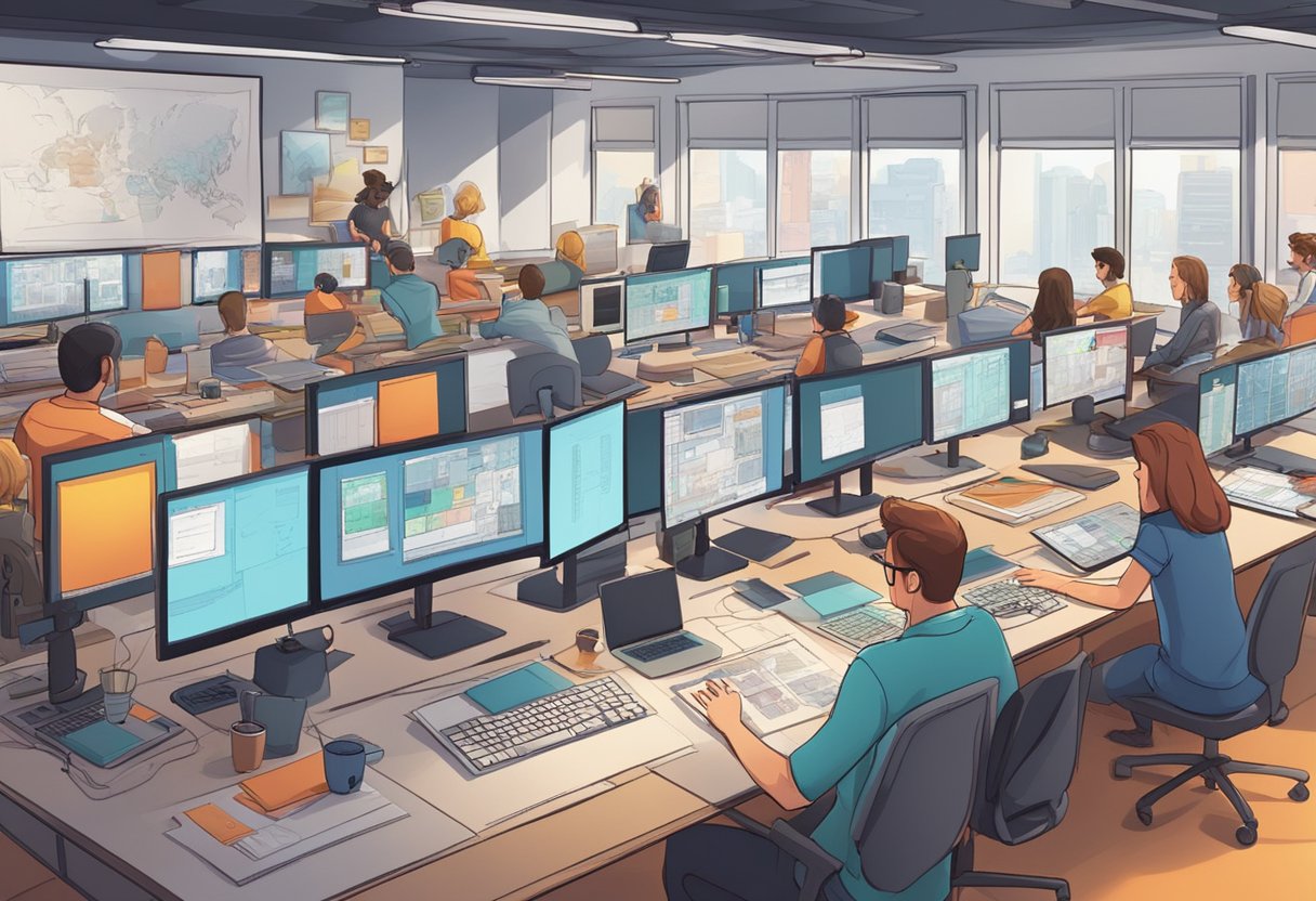 A bustling studio filled with animators creating educational content, surrounded by colorful storyboards and digital drawing tablets