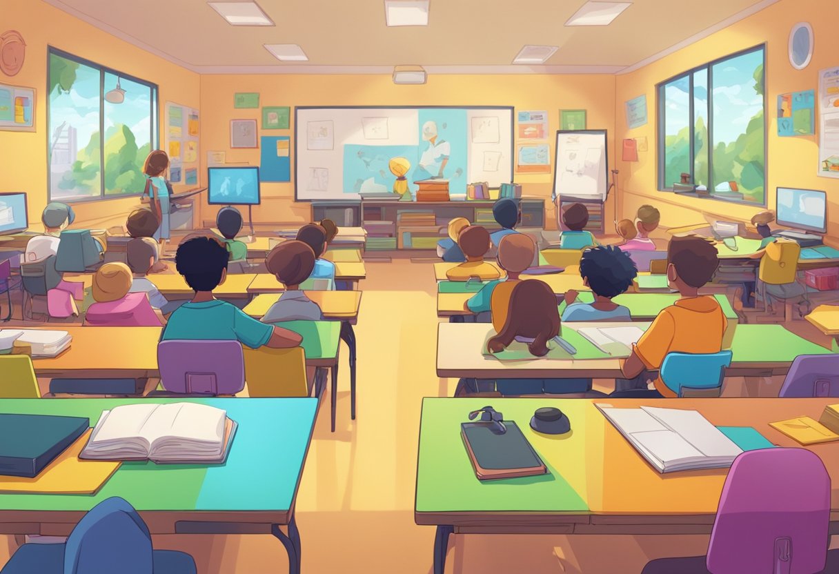 A classroom filled with animated characters and colorful animation equipment