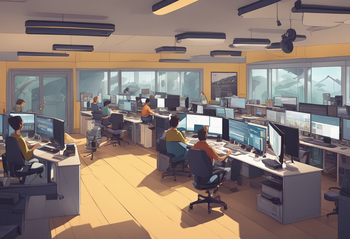 A bustling animation studio in the UK, with artists working on VFX for a production