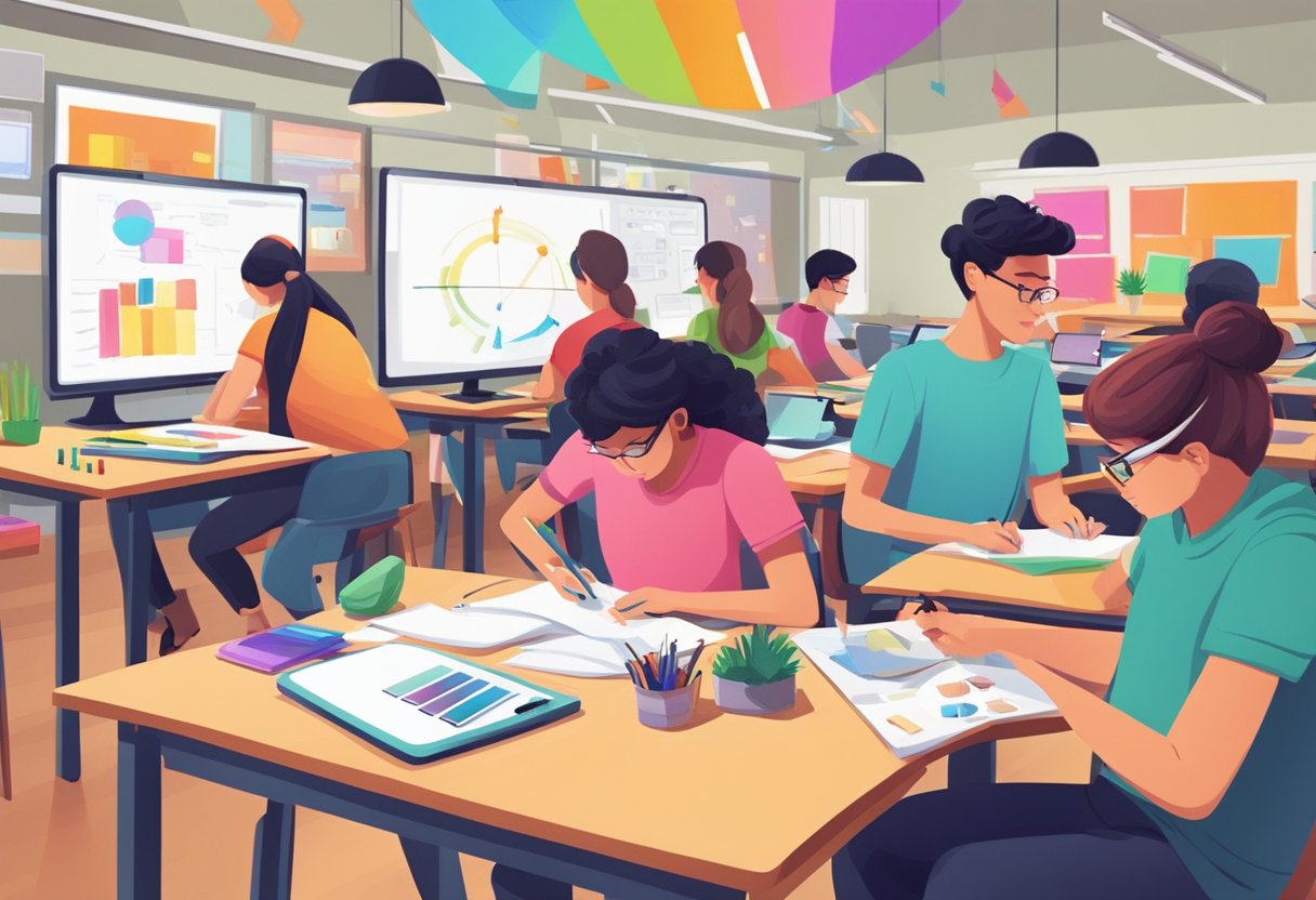 A classroom filled with colorful animation tools and equipment, with students working on digital tablets and sketching on paper