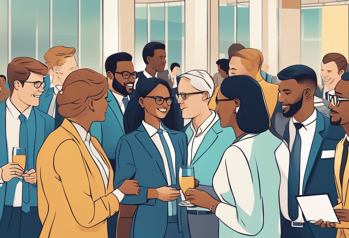 A group of diverse professionals networking at an industry event