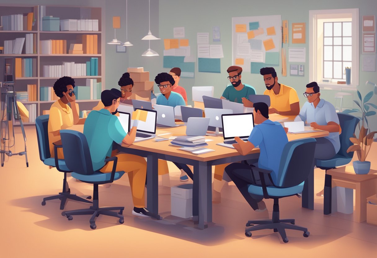 A group of animated characters studying and creating educational content, surrounded by industry standard tools and technology