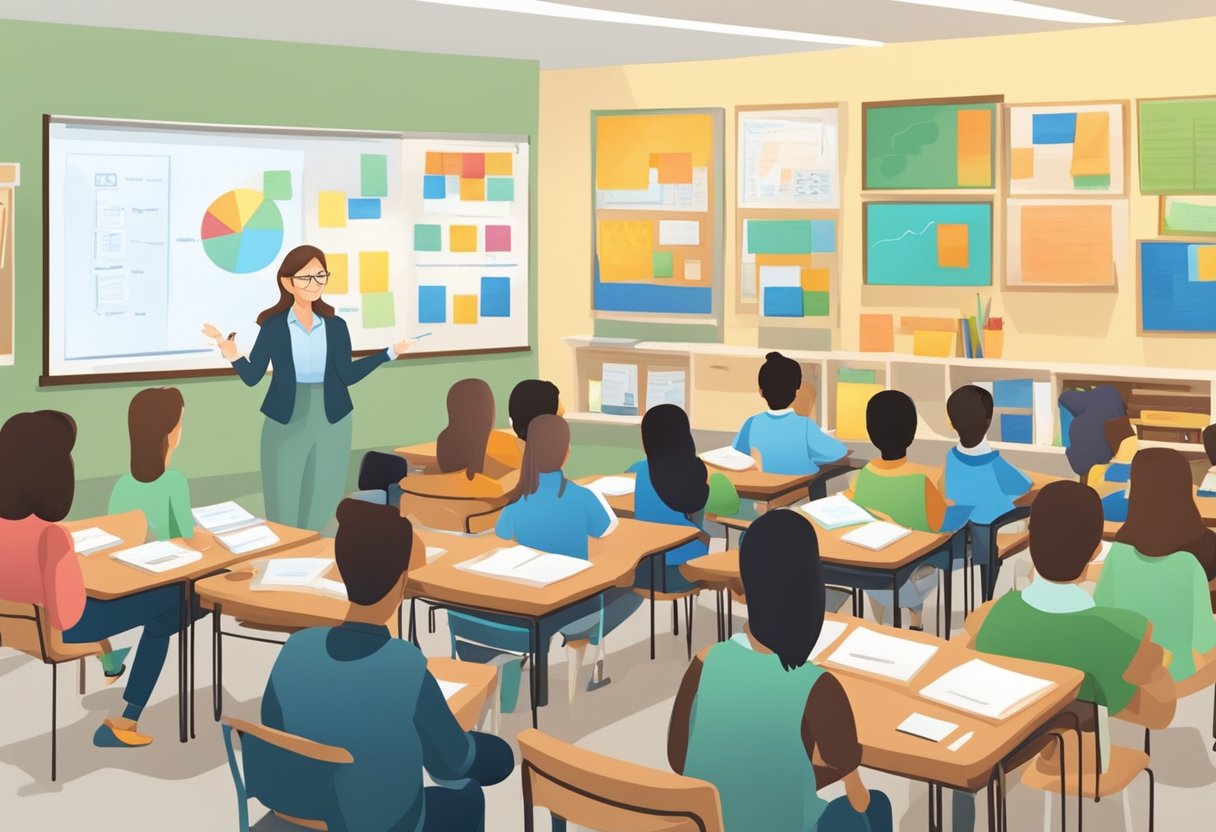 A classroom setting with a teacher presenting coursework and various assessment formats to a group of students