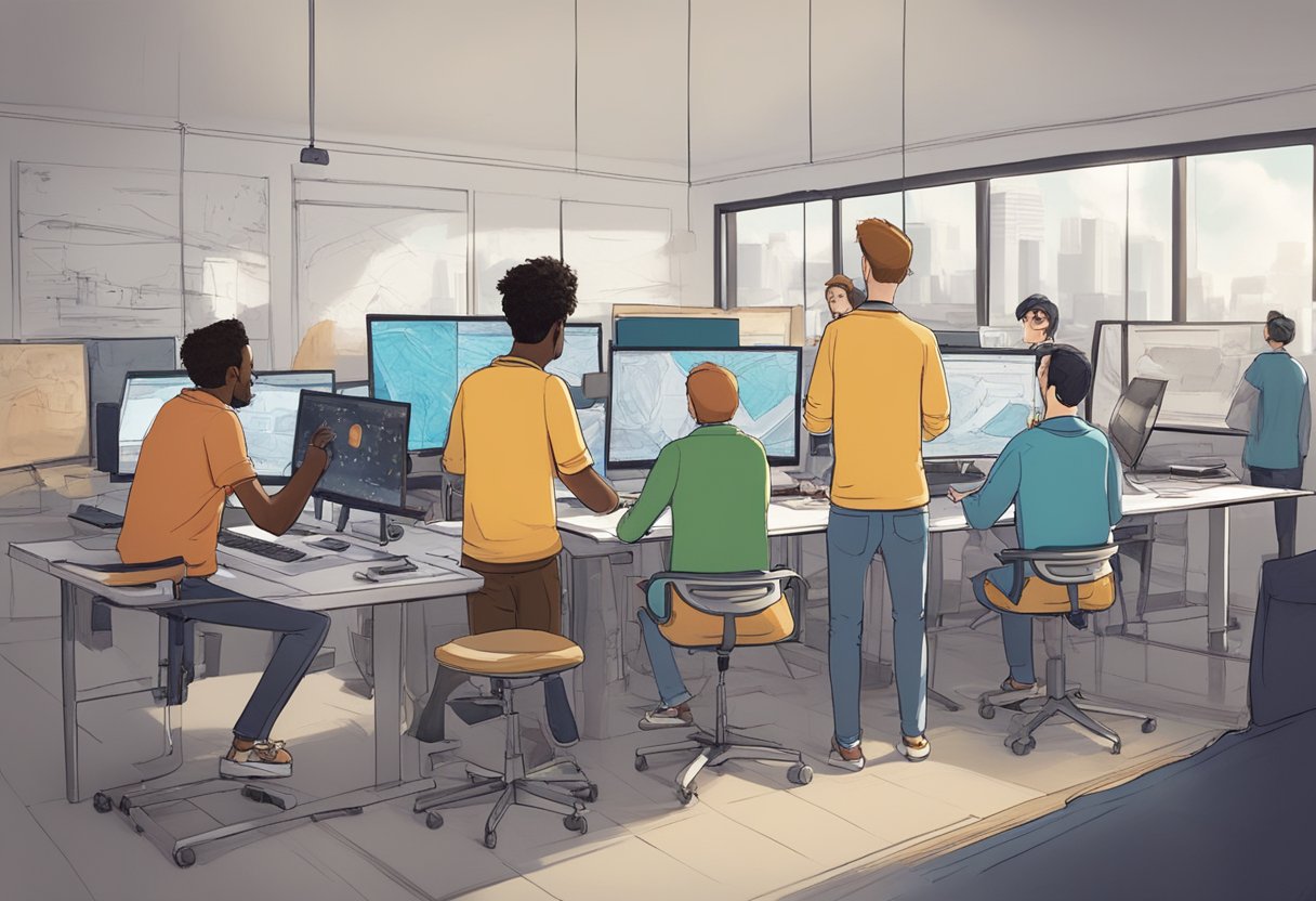 A group of animators from different countries collaborate in a studio, using advanced technology to create an animated film. The UK team demonstrates their expertise in animation production through their innovative techniques and creative vision